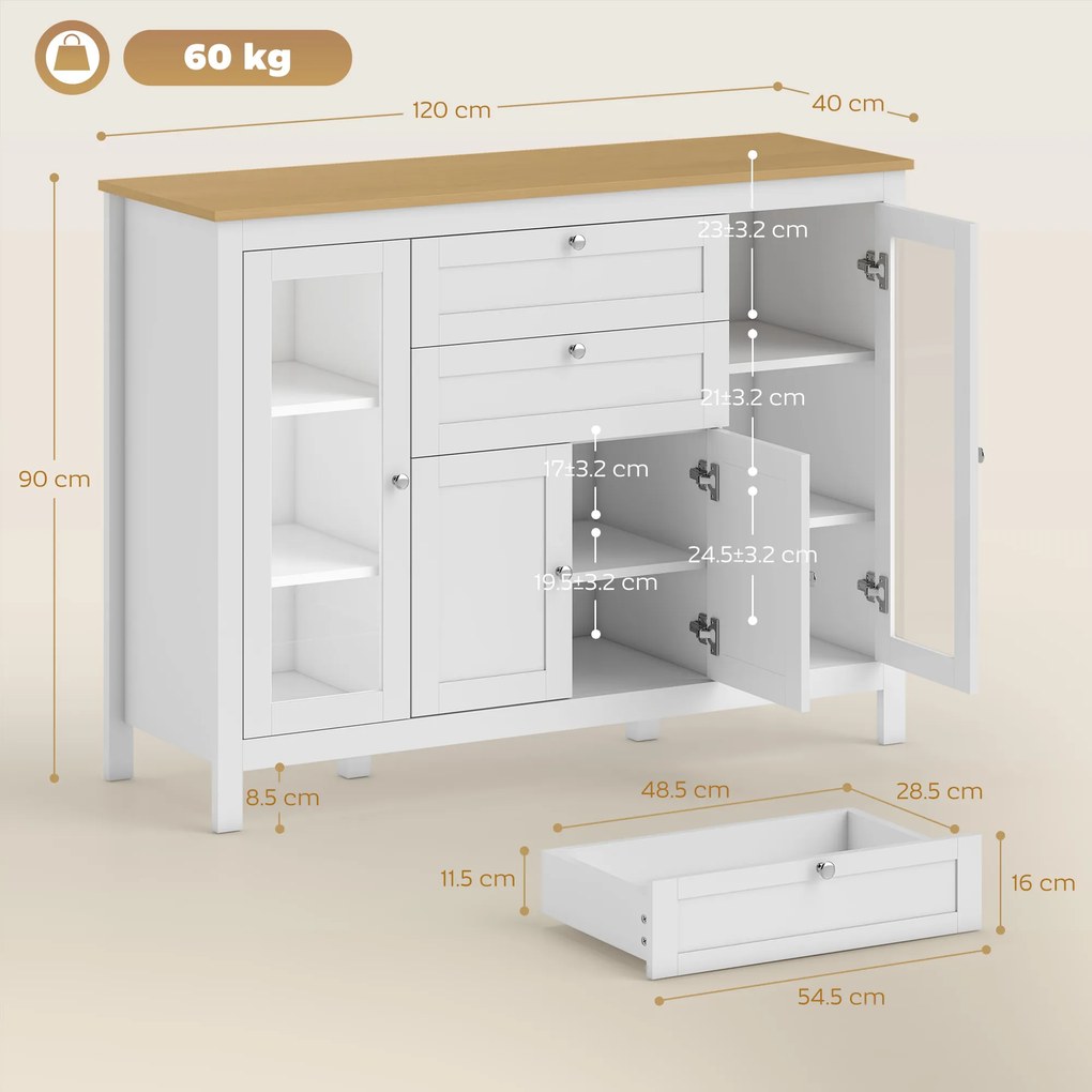 HOMCOM Comodă de Bucătărie, Mobilier de Bucătărie cu 2 Sertare, 3 Dulapuri, Blat de Lucru din Caucciuc, Bufet cu Uși din Sticlă, Rafturi Ajustabile, pentru Sufragerie, 120x40x90cm, Alb | Aosom Romania
