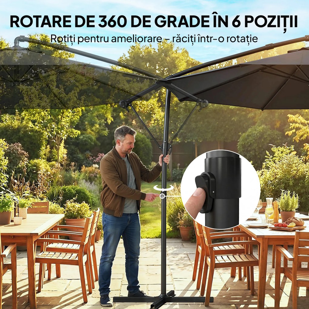 Outsunny Umbrelă de Grădină Suspendată 3 m cu Husă, Umbrelă Rotundă Inclinabilă cu Rotație 360°, Manivelă, Banana, Negru | Aosom Romania