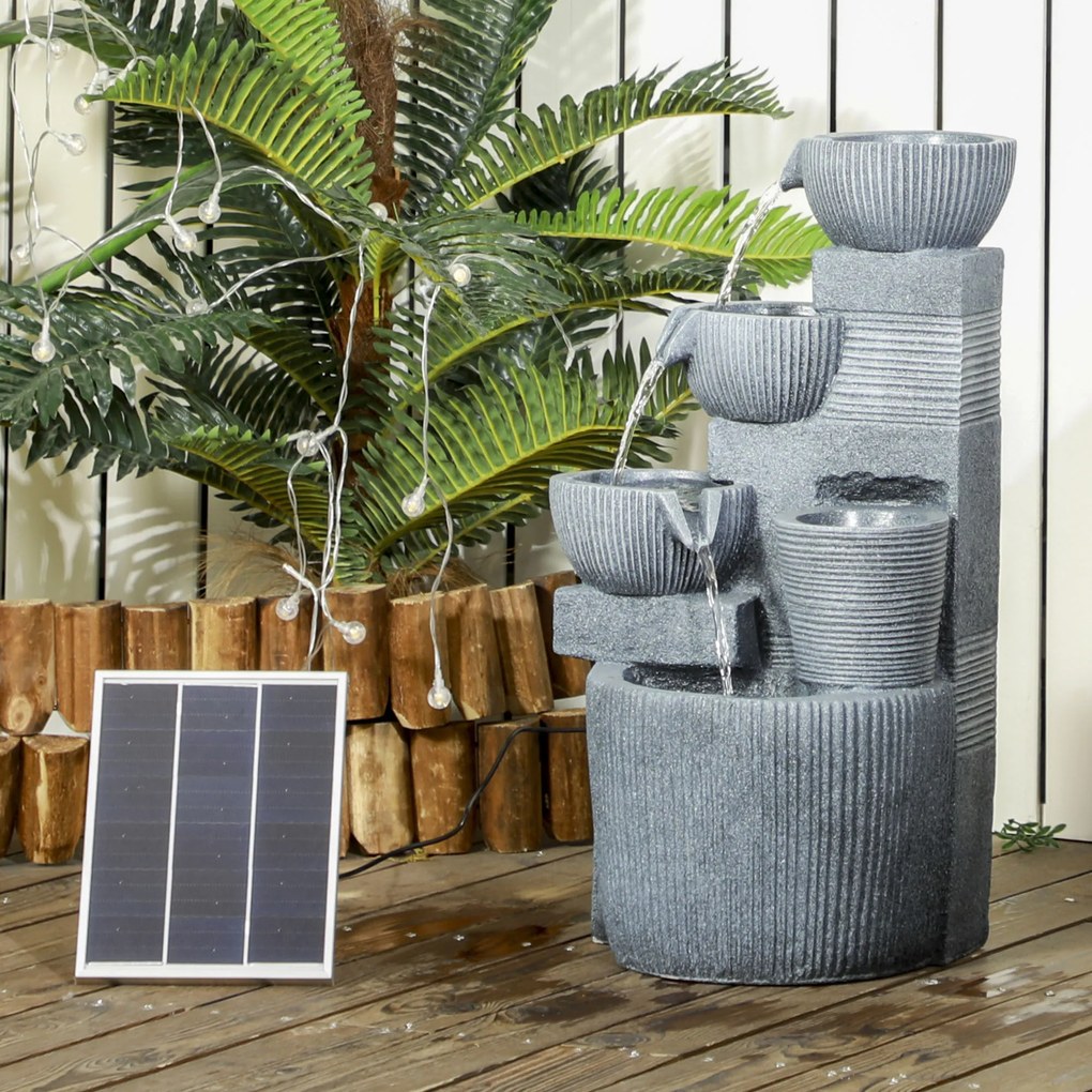 Outsunny Fântână de grădină în aspect natural, cu 4 trepte, alimentată de energie solară, LED-uri, 57 cm înălțime, Gri închis | Aosom Romania