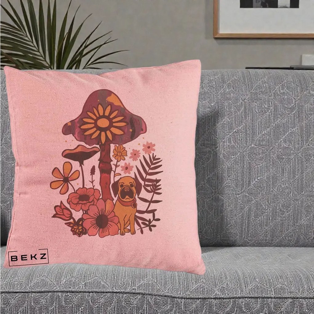 Perna Decorativa Ciuperca Caine Boho, 40x40 cm, Roz, Husa Detasabila, Perna Inclusa, BEKZ®