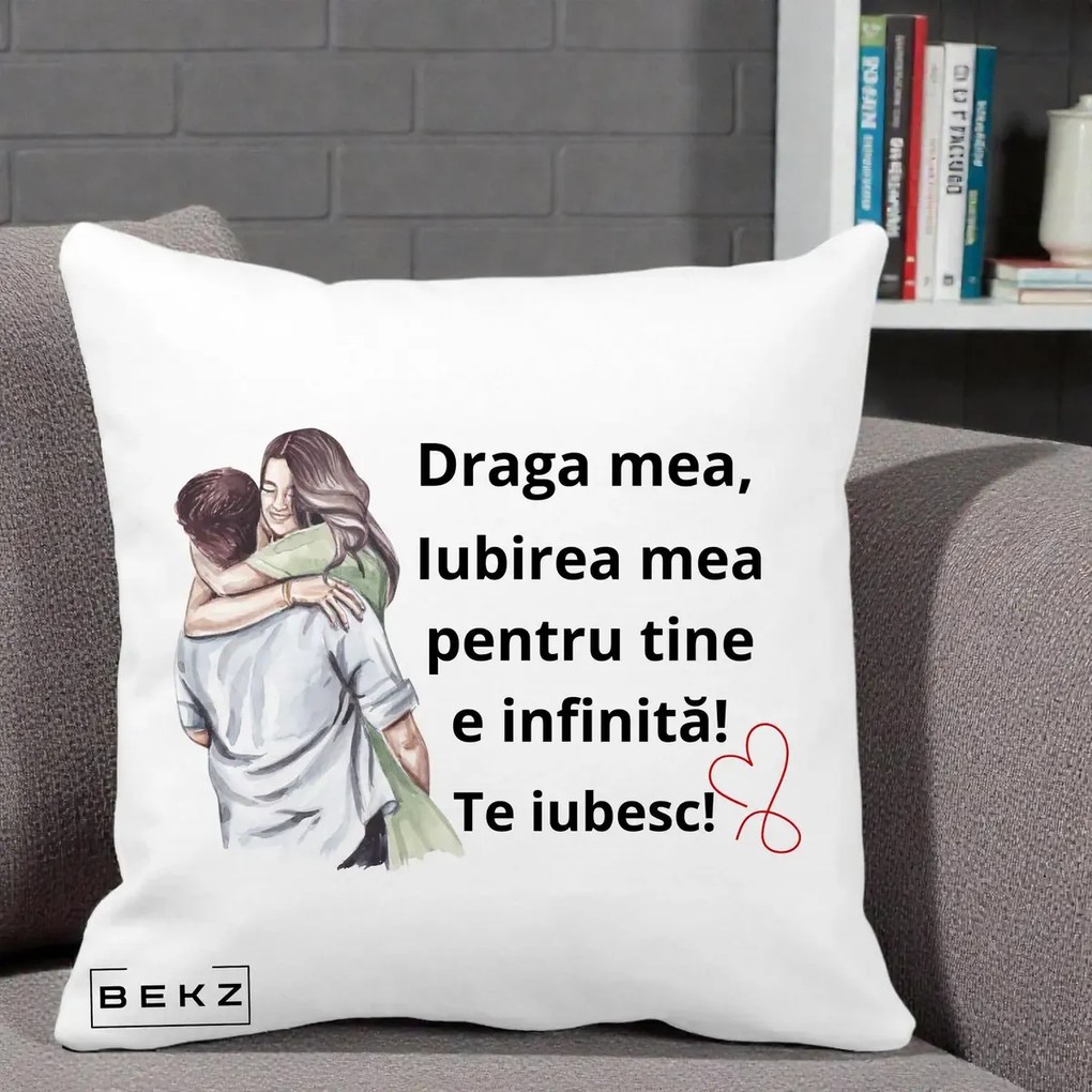 Cadou pentru Iubita - Perna Personalizata Draga Mea Iubirea Mea Infinita Te Iubesc cu Cuplu Acuarela, 40x40 cm, Alba Mata, Husa Detasabila, Perna Inclusa, BEKZ®