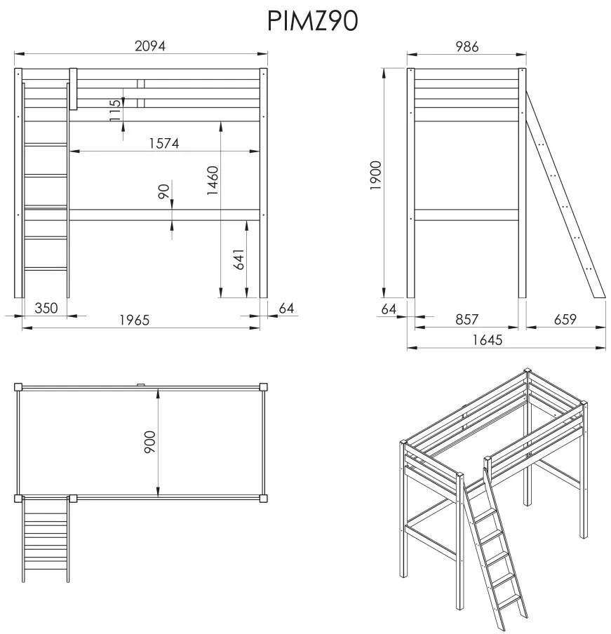 Pat copii PINO LOFT 90 X 200 CM GRI