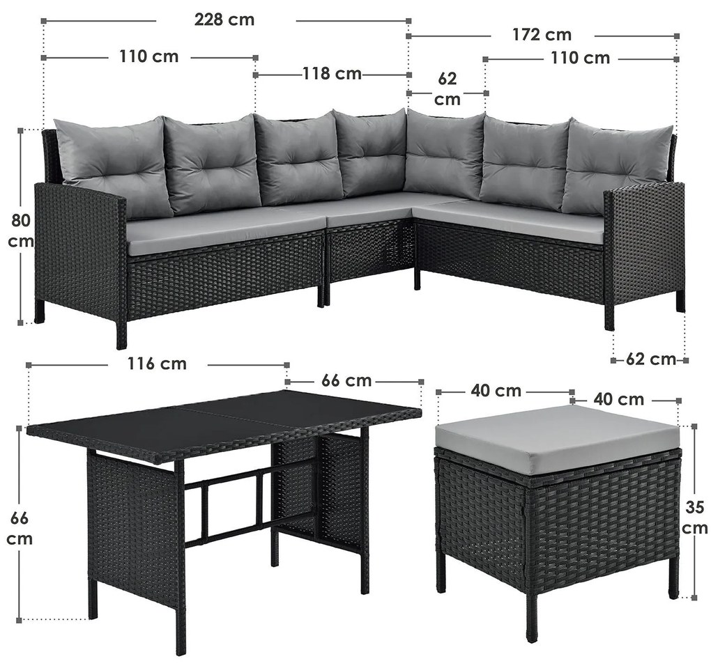 Juskys Set ratan de gradina Manacor - perne negre, gri