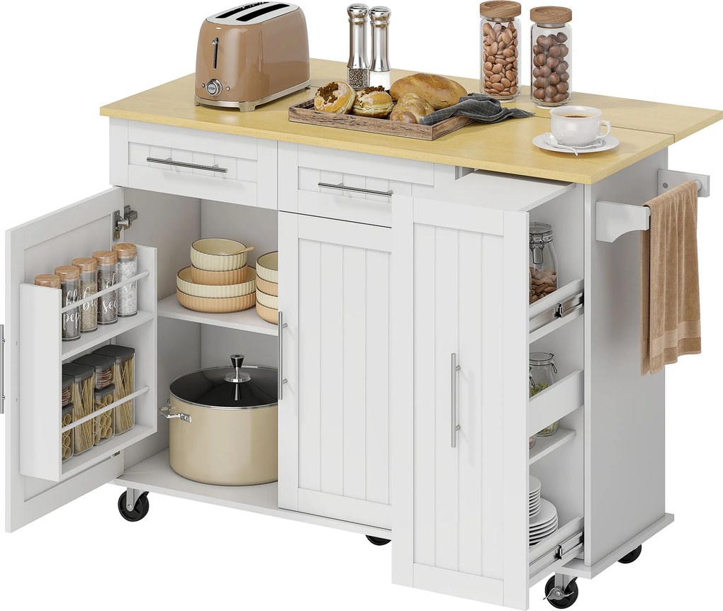HOMCOM Insulă de bucătărie mobilă, suprafață extensibilă, uși de dulap, sertare, suport pentru prosop, cărucior de bucătărie din MDF, Alb | Aosom Romania