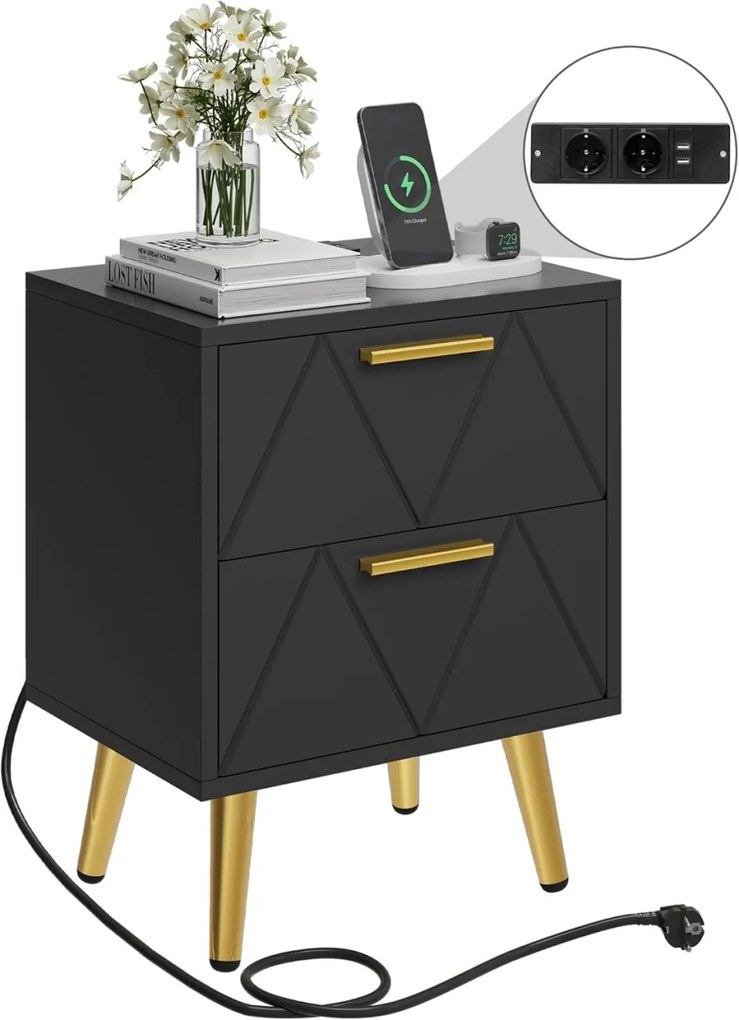 NON17 - Set 2 Noptiere negre, 40 cm, cu 2 sertare, Priza si USB, dormitor - Negru - Auriu