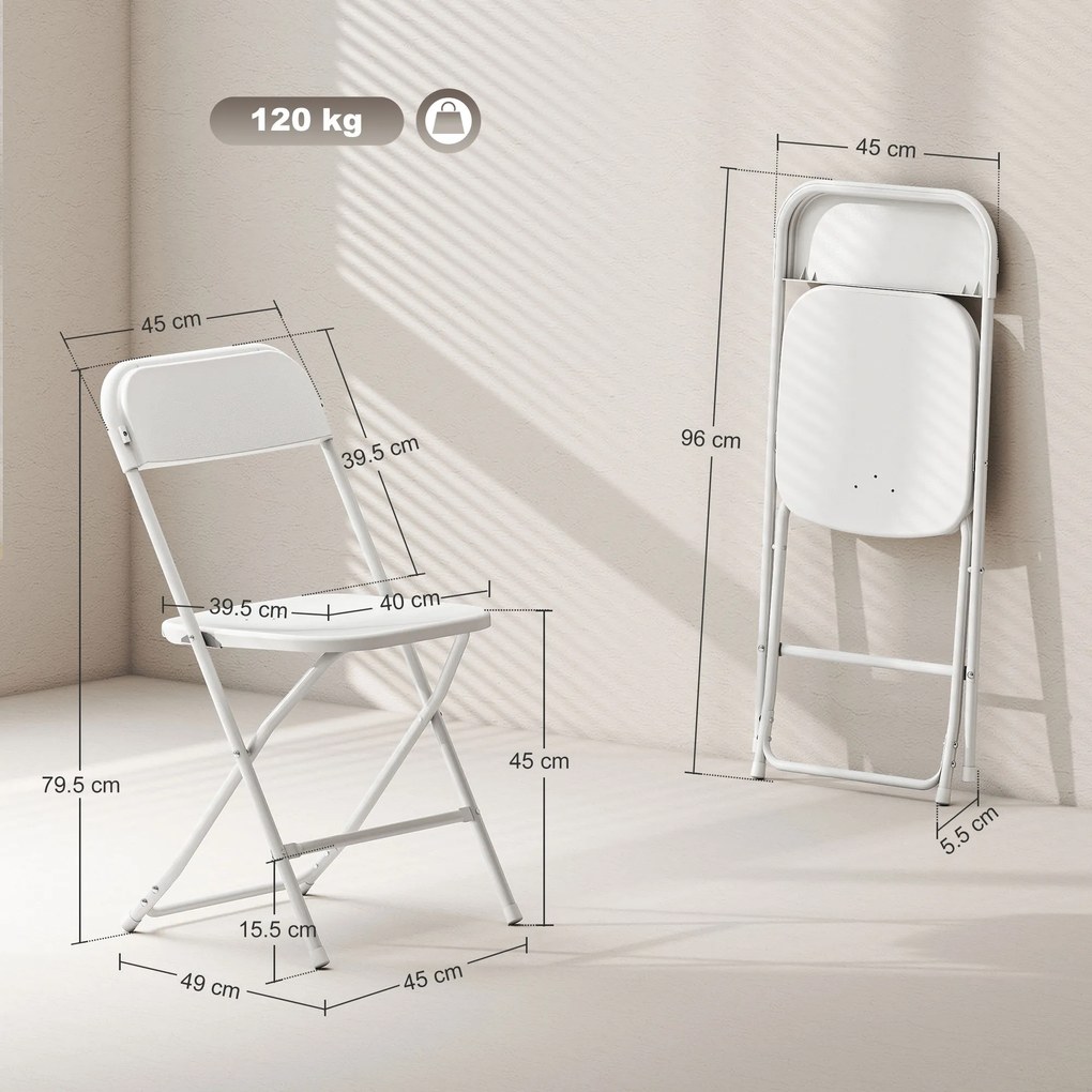 HOMCOM Set de 6 Scaune Pliabile din PP cu Orificii de Drenaj, Scaune Pliabile Salva-Spațiu Portabile din Oțel, Scaun Pliabil de Interior pentru Casă, Birou, Bucătărie, Evenimente, 45x49x79,5 cm, Alb | Aosom Romania