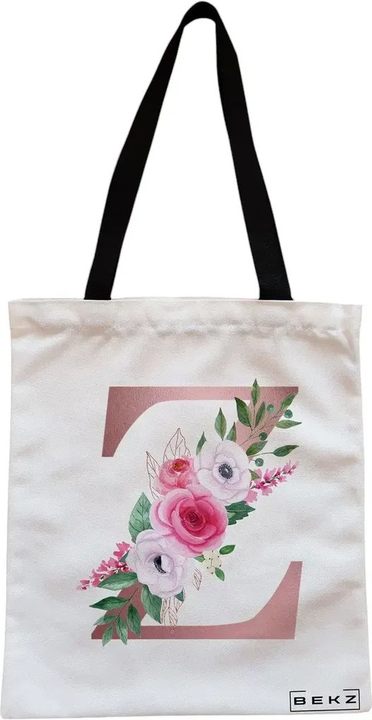 Sacosa de Panza pentru Cumparaturi, Geanta Tote, Cu litera Z Rose Gold si Trandafiri, Cu fermoar, 38x34.5 cm, Alba, BEKZ®