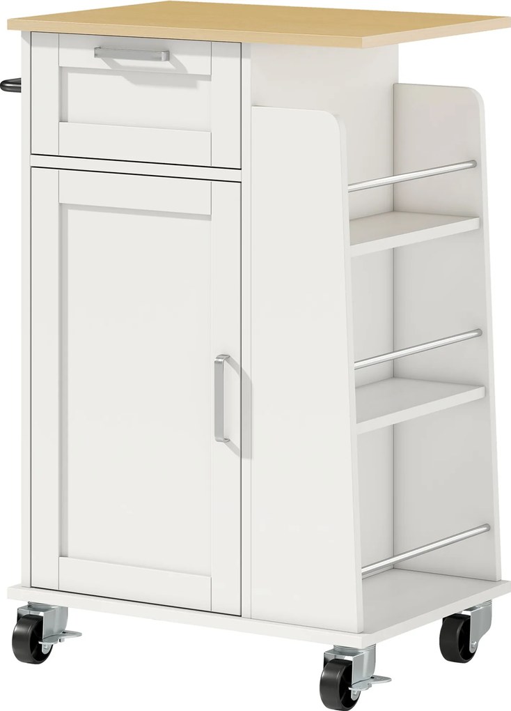 Cărucior de Bucătărie HOMCOM cu Sertar, Dulap, Suport pentru Prosoape și 3 Suporturi pentru Condimente, din Lemn, 62x40x87 cm, Alb | Aosom Romania