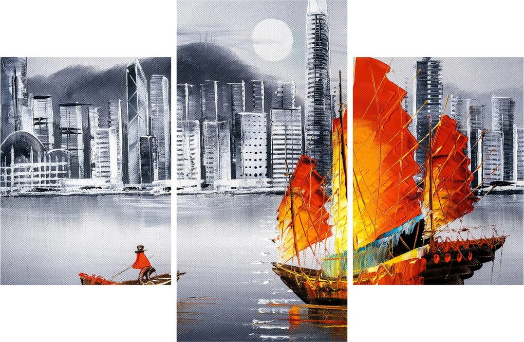Tablou - Victoria Harbour, Hong Kong, pictură în ulei alb- negru (90x60 cm)