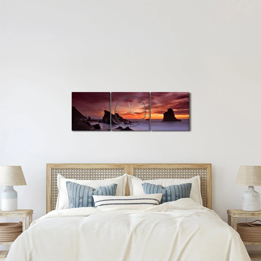 Tablou cu apus de soare pe mal (cu ceas) (90x30 cm)
