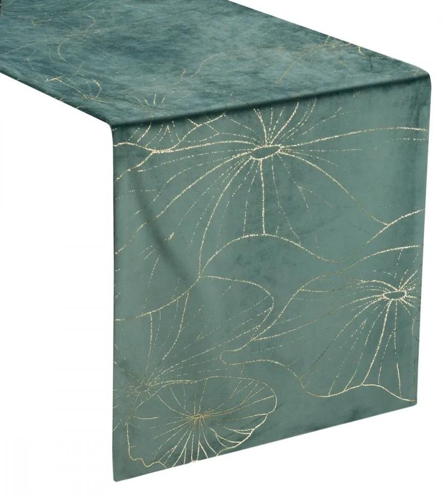 Traversa pentru masa din catifea de culoare mentă cu imprimeu floral Lățime: 35 cm | Lungime: 180 cm