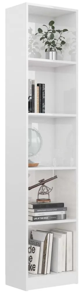 Biblioteca cu 5 rafturi, alb extralucios, 40x24x175 cm, PAL
