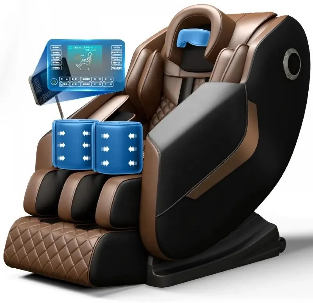 Fotoliu de Masaj GAIUS, Masaj role, Masaj airbaguri, Incalzire, Bluetooth, Zero Gravity, 2 Boxe, Moduri Automate, Reflexoterapie si Presopunctura, Display, Suport picioare extensibil, PU, Maro/Negru