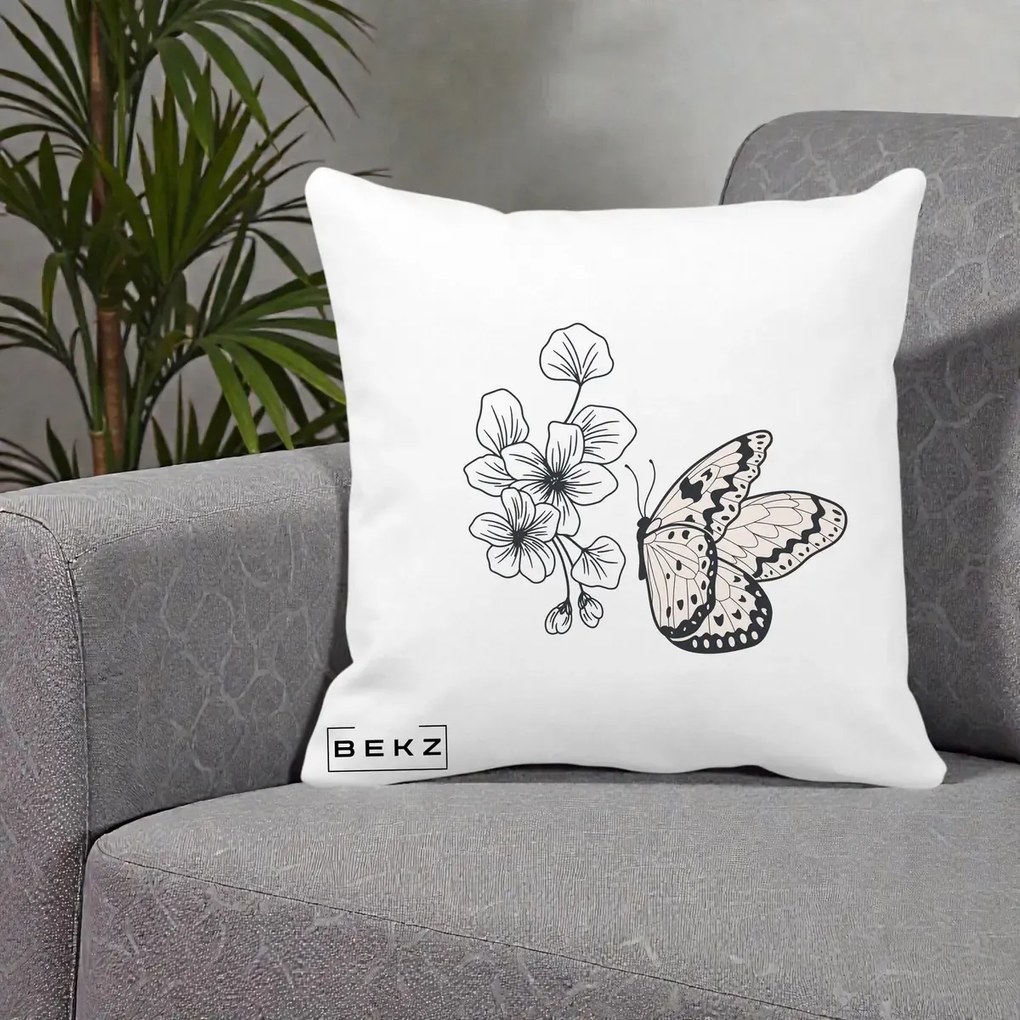 Perna Decorativa Fluture si Flori Linie Monocroma, 40x40 cm, Alba Mata, Husa Detasabila, Perna Inclusa, BEKZ®