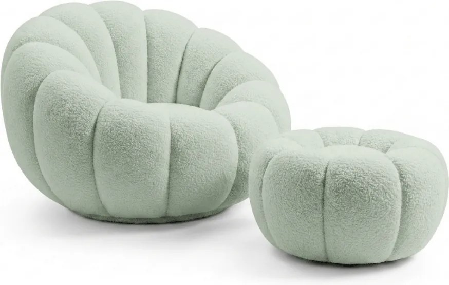 Fotoliu de design rotativ BLOOM cu taburet, verde deschis
