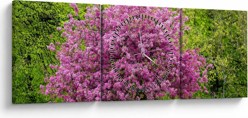Tablou cu pom înflorit pe luncă (cu ceas) (90x30 cm)