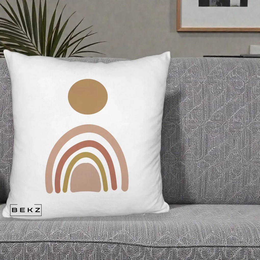 Perna Decorativa Boho Rainbow Sun, 40x40 cm, Alb Pufos, Husa Detasabila, Perna Inclusa, BEKZ®