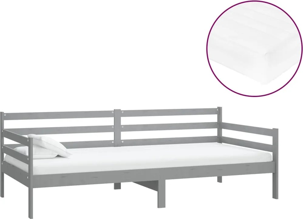 vidaXL Pat de zi cu saltea, gri, 90x200 cm, lemn masiv de pin
