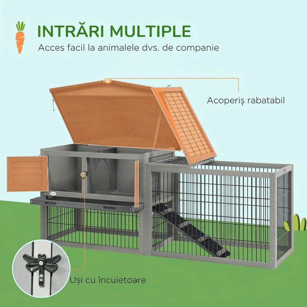 PawHut Cuib Exterior din Lemn de Brad cu Rampă, Acoperiș Rabatabil Impermeabil, Sertar Detașabil, Cuib pentru Iepuri, Animale Mici, Gri Deschis | Aosom Romania
