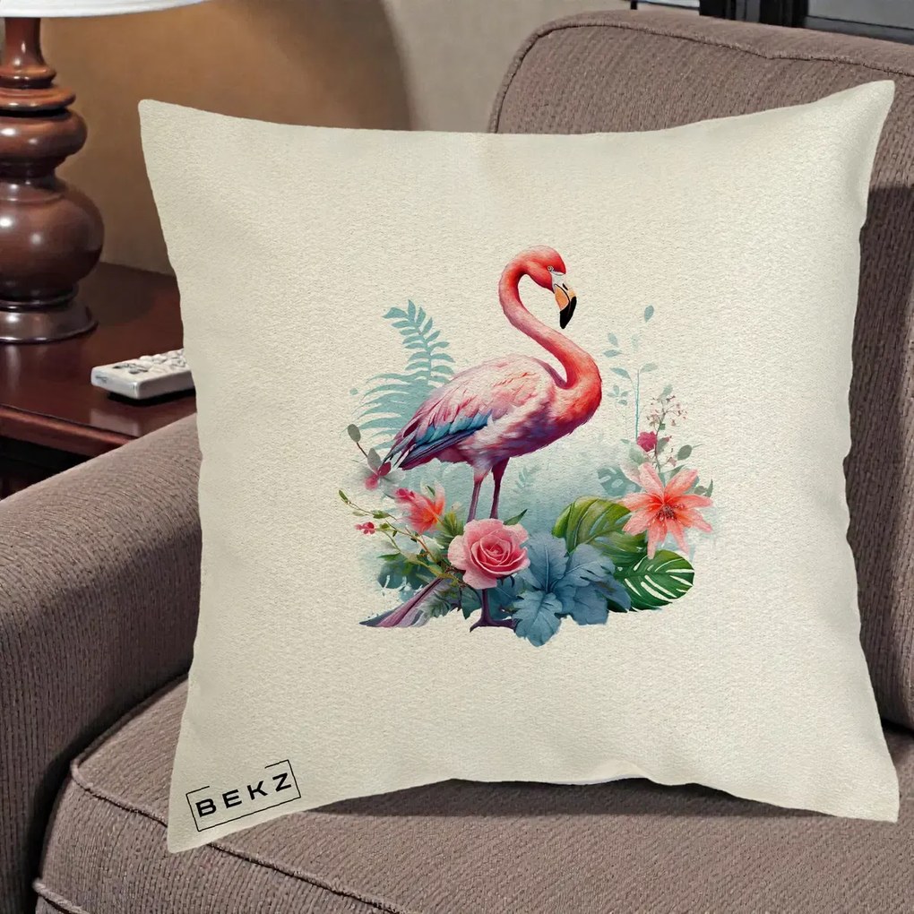 Perna Decorativa Flamingo cu Flori Tropicale Acuarela, 40x40 cm, Ecru, Husa Detasabila, Perna Inclusa, BEKZ®