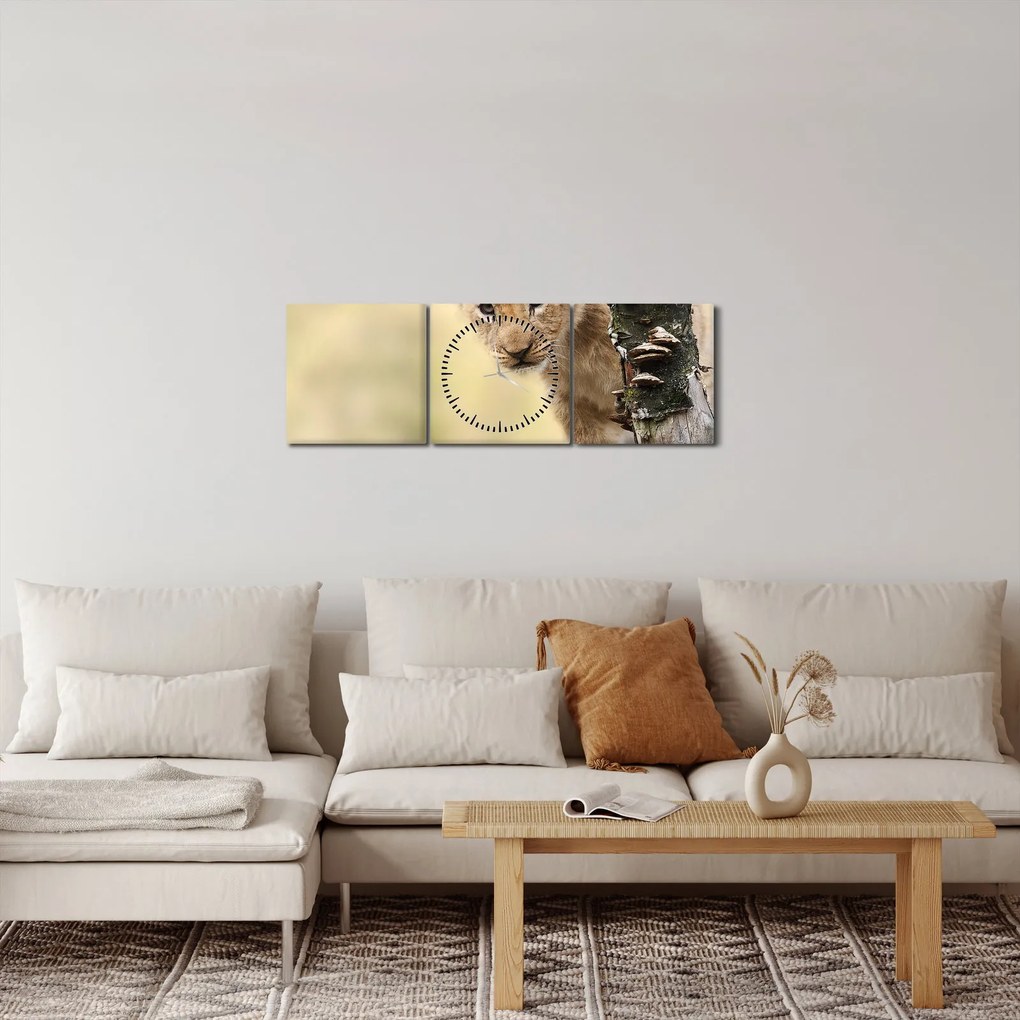 Tablou cu pui de leu (cu ceas) (90x30 cm)
