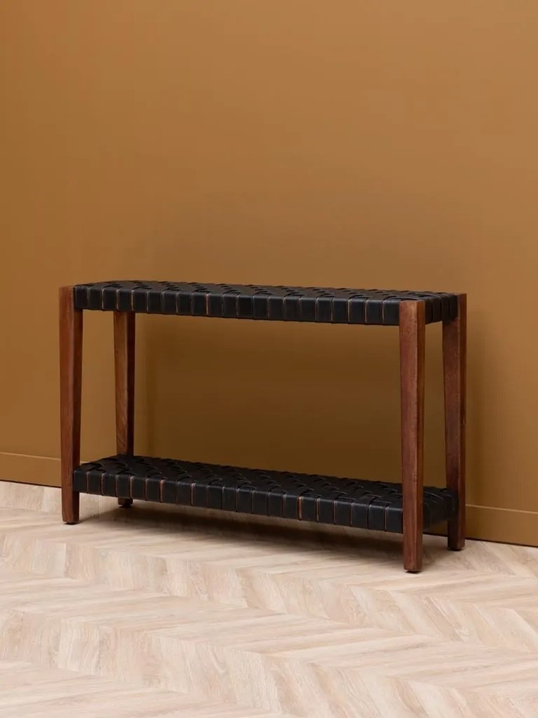 Consolă din lemn de mango și piele naturală împletită, cu 2 niveluri, maro antichizat, finisaj satinat, 130×35×78.5 cm, „Klami"