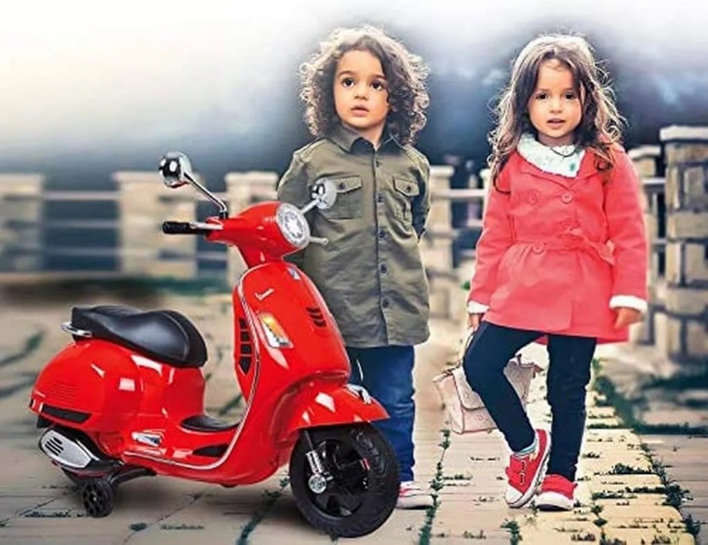 Motocicleta Electrica cu Acumulator Pentru Copii NOVOKIDS™ Vespa Classic Scooter, Pornire la cheie, Lungime 102 cm, 3-8 ani, Max 30 kg, Rosu