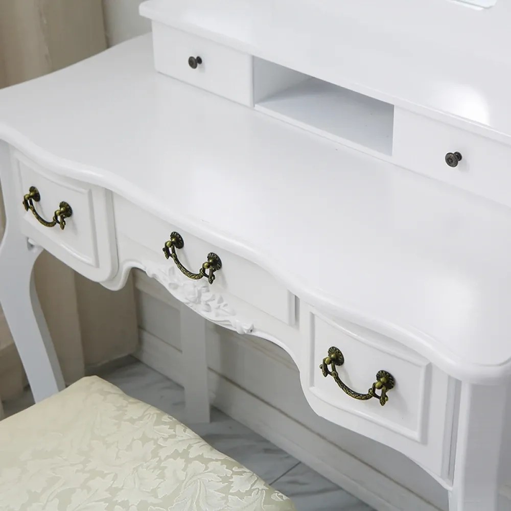 RESIGILAT- Set ELISABETA, Masă de toaletă cu 3 oglinzi, iluminare LED, control touch, 5 sertare, scaun, Alb