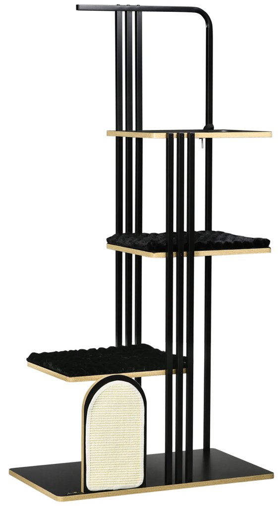 PawHut Pom de Joaca, Design Industrial, 3 Platforme, 2 Perne de Dormit, Placa de Zgariat, Structura din Otel, negru, 85 x 48 x 170 cm | Aosom Romania