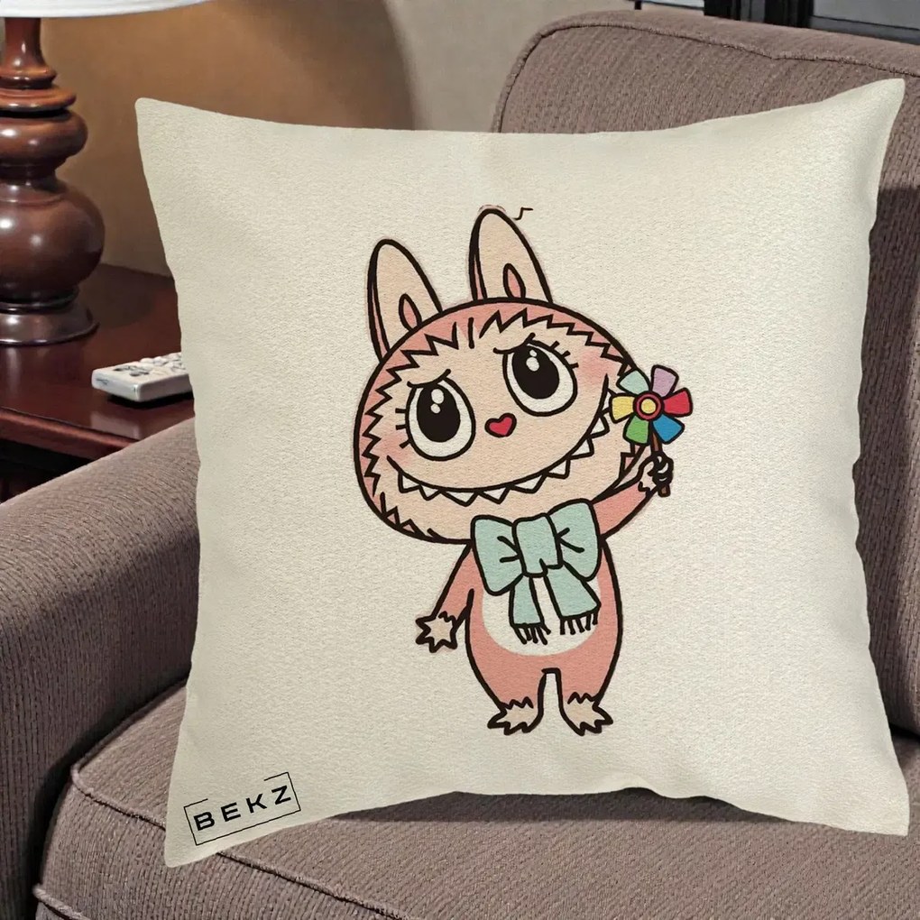 Perna Personalizata Labubu Roz cu Morisca, 40x40 cm, Ecru, Husa Detasabila, Perna Inclusa, BEKZ®