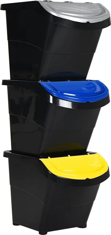 vidaXL Coșuri de gunoi stivuibile cu capace, 3 buc., negru, 78 L, PP