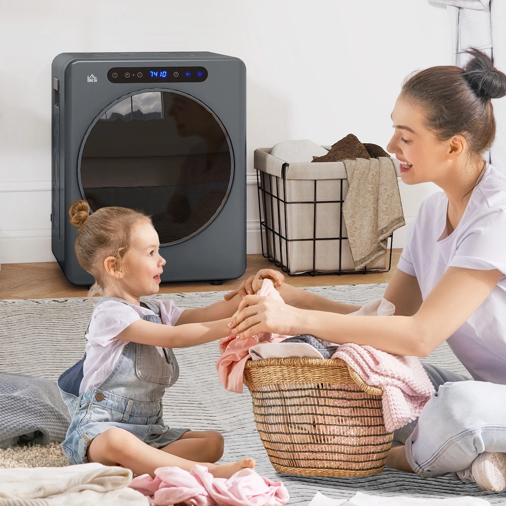 HOMCOM Uscător de Rufe, 6 Programe, 40-60℃, Capacitate de 4 kg, Compact, Control Tactil, Gri | Aosom Romania