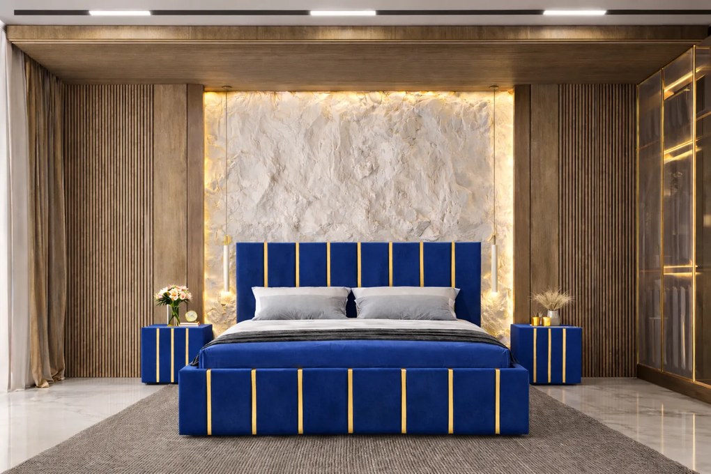 Pat tapitat Hugo 180x200 cm, Albastru + Saltea Superortopedica Gold, grosime 20 cm + Set 2 noptiere Hugo, Albastru