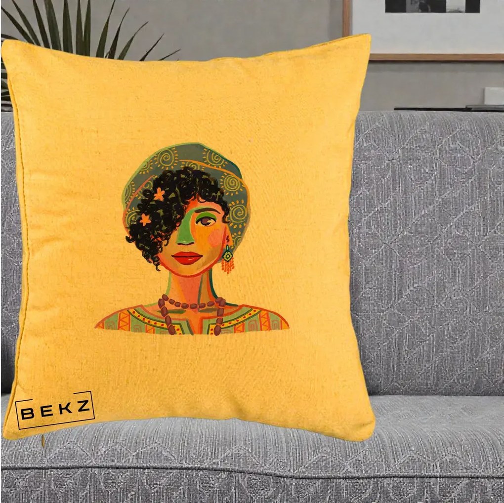 Perna Decorativa Portret Femeie Etnic Colorat, 40x40 cm, Galben, Husa Detasabila, Perna Inclusa, BEKZ®