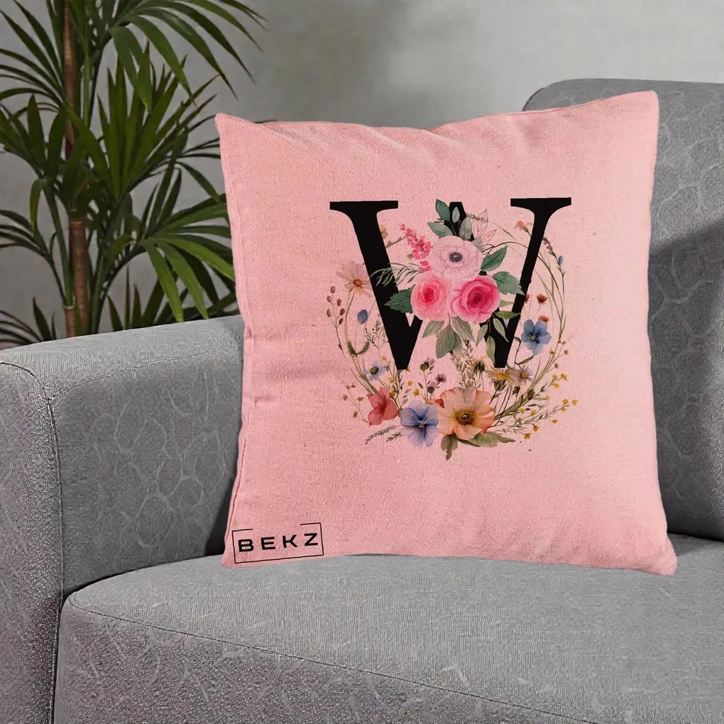 Cadou Personalizat - Perna Personalizata Monograma Florala Litera W, 40x40 cm, Roz, Husa Detasabila, Perna Inclusa, BEKZ®
