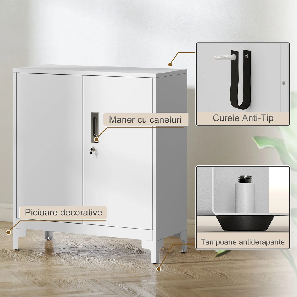 HOMCOM Mobilier de birou cu 3 rafturi, 2 uși și chei, 80x35x91 cm, Alb | Aosom Romania