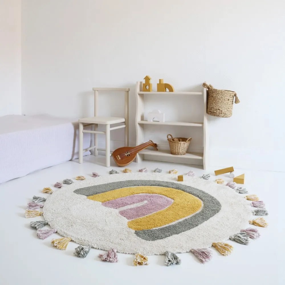 Covor pentru copii crem lavabil țesut manual din bumbac ø110 cm Rainbow Moss – Nattiot