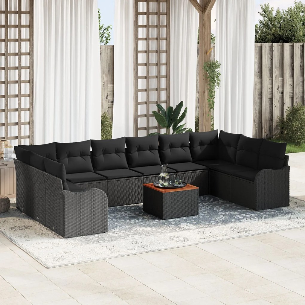 Set de Canapea de Grădină vidaXL cu Pernuțe, 11 Piese, Negru, Poliratan, Acacia