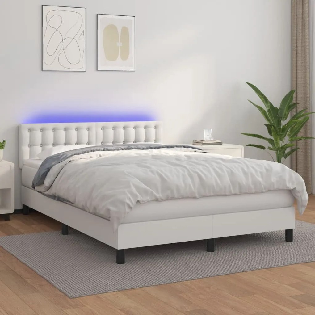 vidaXL Pat cu arcuri, cu saltea &amp; LED, alb, 140x190 cm, piele eco