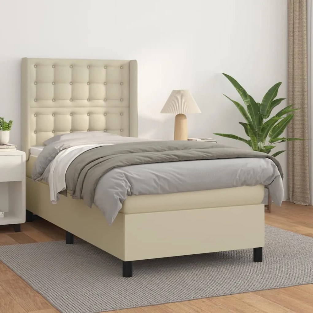 3132485 vidaXL Pat box spring cu saltea, crem, 100x200 cm, piele ecologică