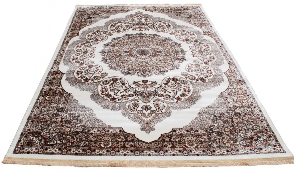 Covor clasic bej maro Isfahan 160x230 covor poliester mecanic pentru living sau dormitor