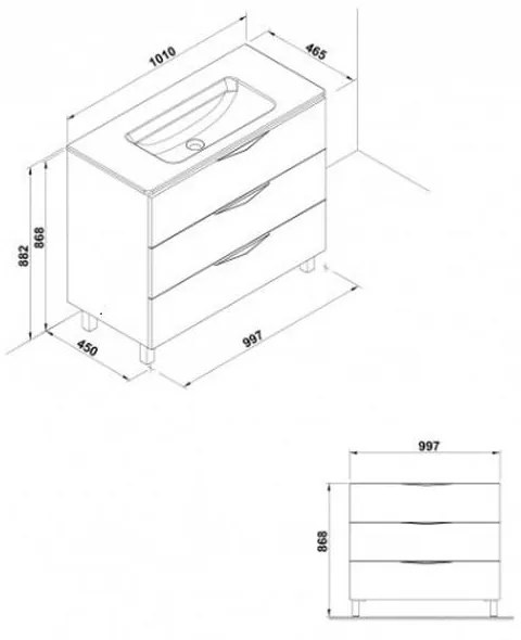 Set dulap baie 3 sertare Gala Agata cu lavoar Emma inclus, 100 cm, alb lucios Alb lucios, 1010x465 mm