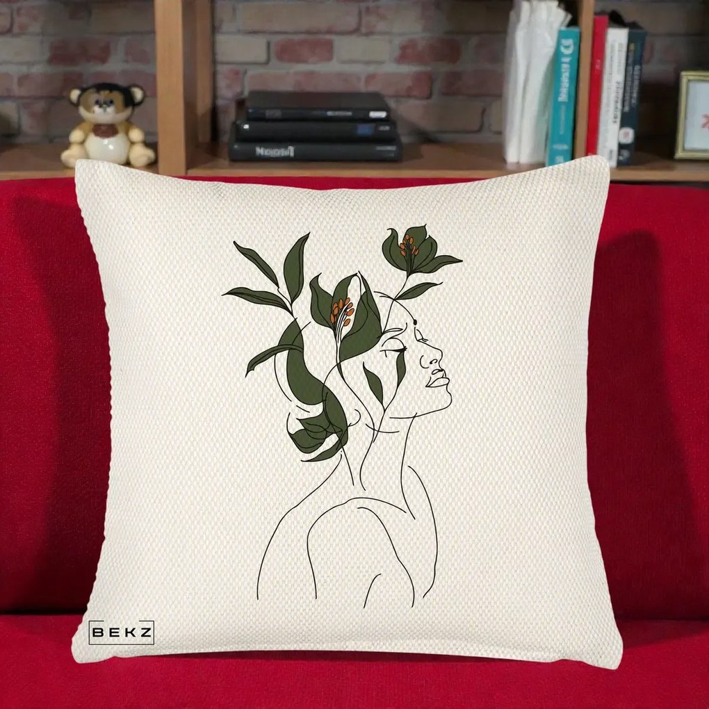 Perna Decorativa Portret Feminin Crin Verde, 40x40 cm, Crem Reliefat, Husa Detasabila, Perna Inclusa, BEKZ®