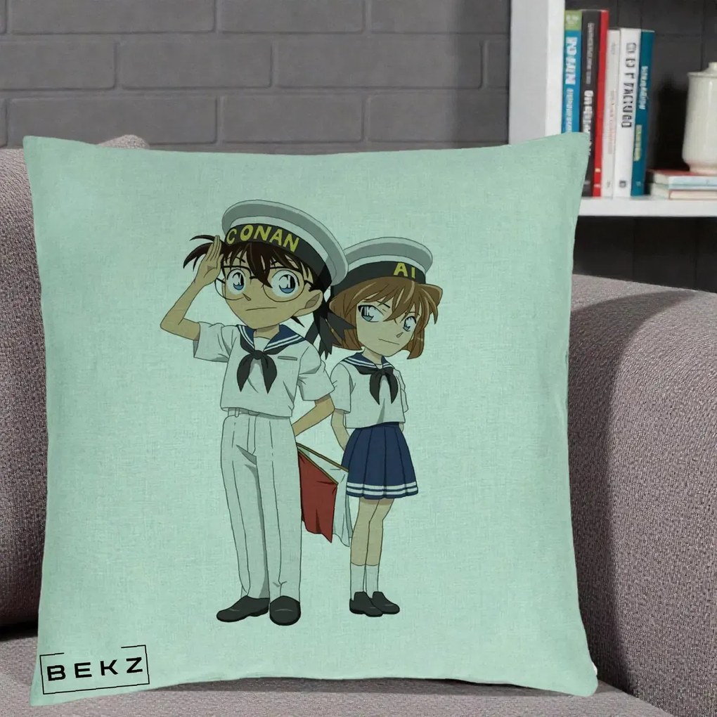 Perna Personalizata Detective Conan Conan si Ai Sailor, 40x40 cm, Verde Menta, Husa Detasabila, Perna Inclusa, BEKZ®