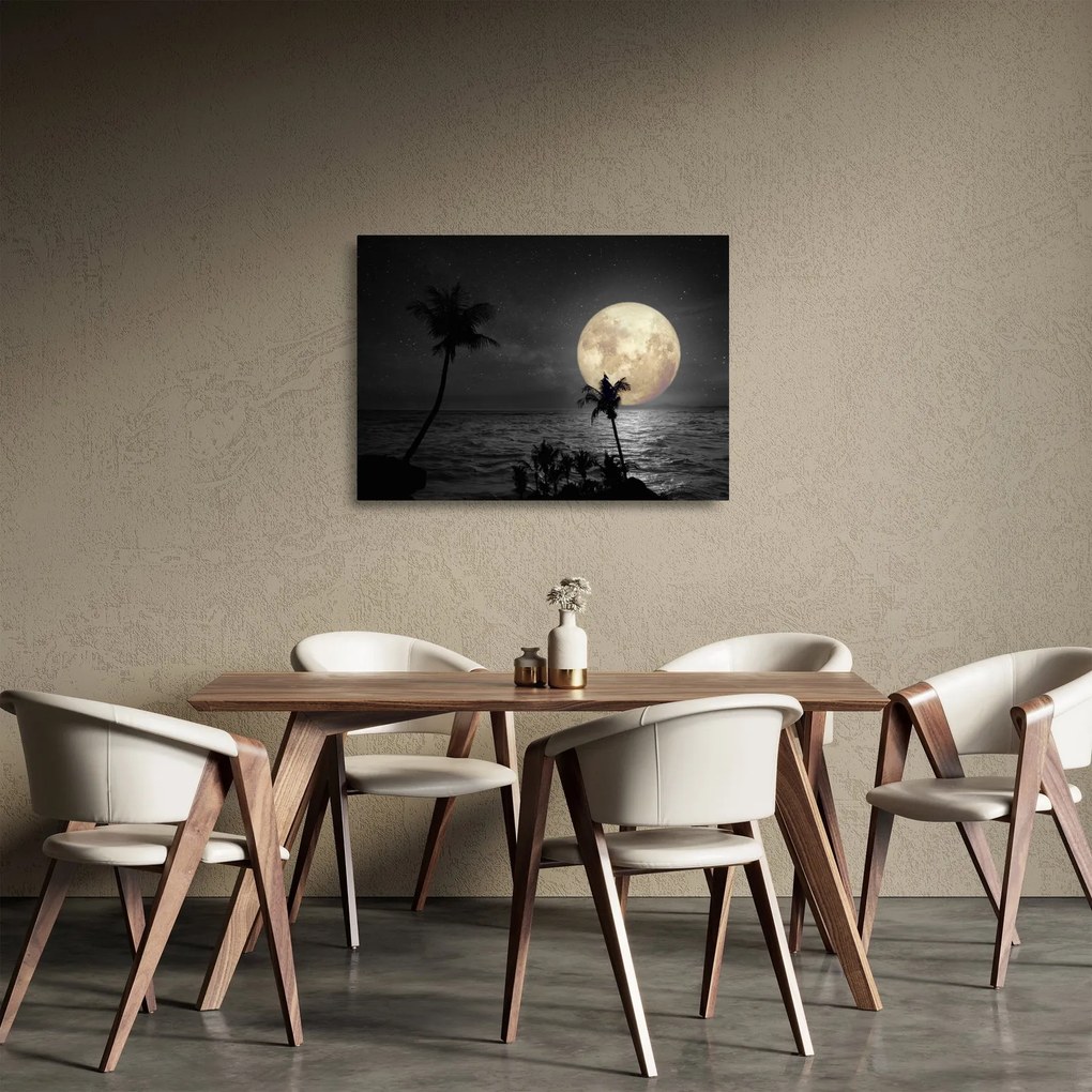 Tablou pe sticlă - Plaja cu lună plină, nuanțe gri (70x50 cm)