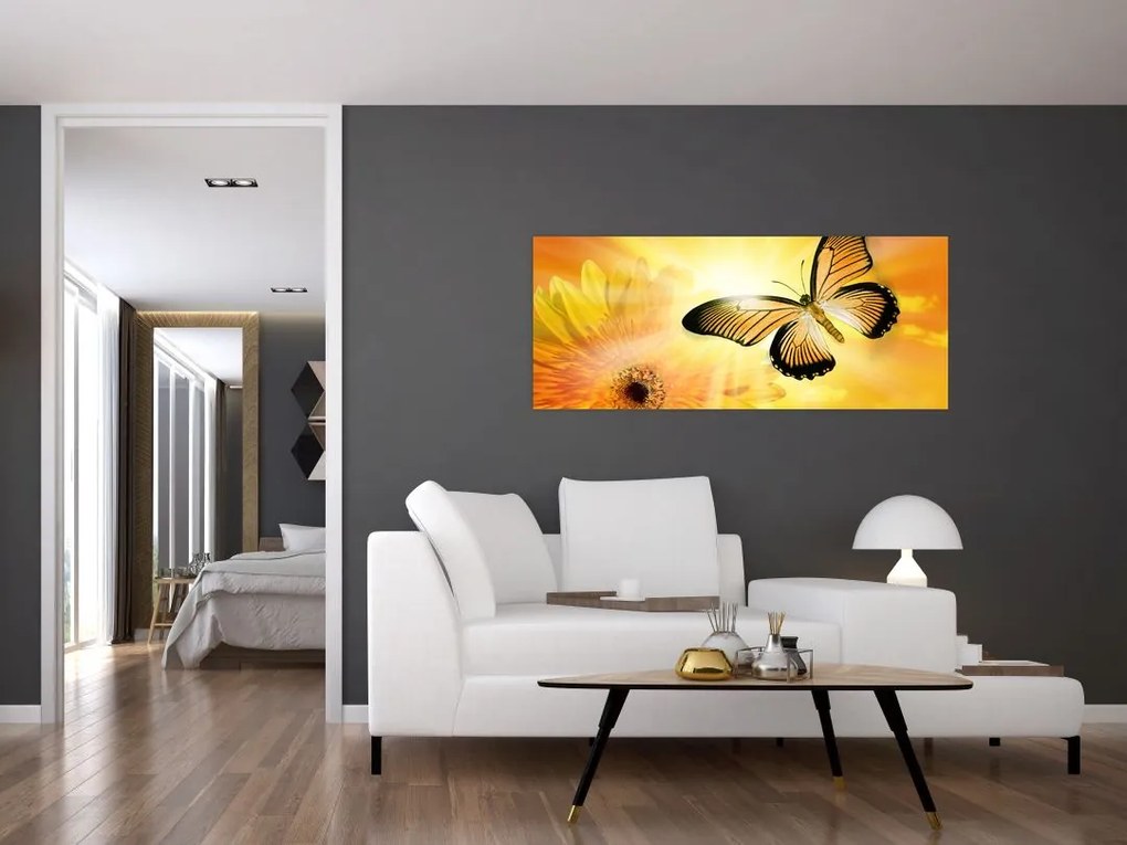 Tablou - Fluture galben cu flori (120x50 cm)