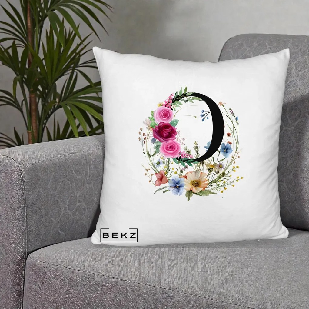 Cadou Personalizat - Perna Personalizata Monogram Litera O cu Flori Acuarela, 40x40 cm, Alb Pufos, Husa Detasabila, Perna Inclusa, BEKZ®