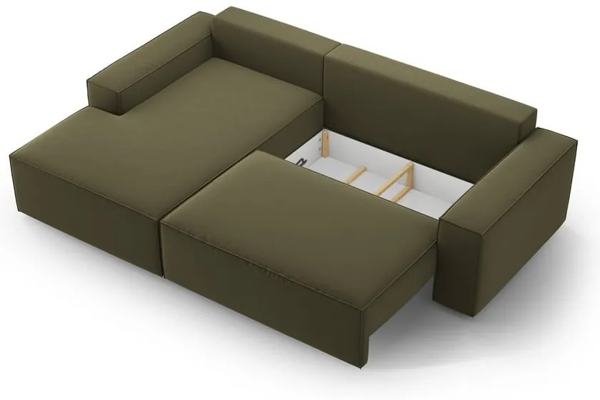 Colțar verde extensibil/cu spațiu de depozitare cu tapițerie din catifea (cu colț pe partea stângă /cu șezlong) Jodie – Micadoni