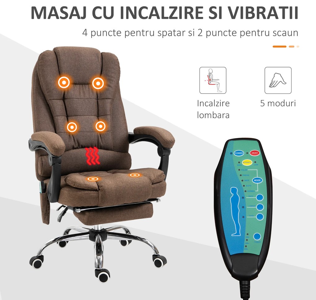 Vinsetto Scaun cu masaj de birou, cu 6 Puncte de Vibrație și Încălzire, Scaun Birou Reglabil pe Înălțime, 65x70x111-119 cm, Maro | Aosom Romania