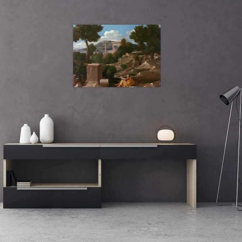 Tablou pe sticlă - Nicolas Poussin, Landscape with Saint John on Patmos, reproducere (70x50 cm)